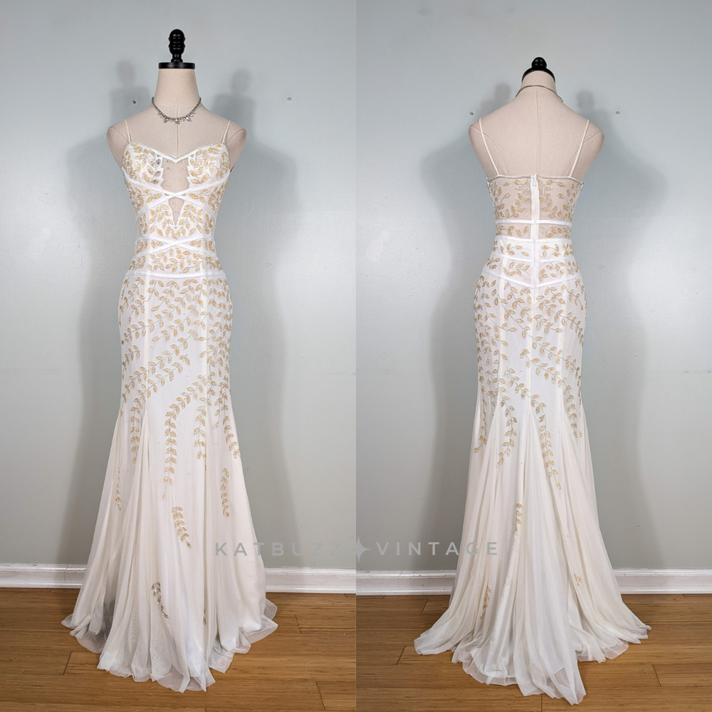 Cache Prom Dress Maxi Wedding Gown S Cream Y2K Floral Bead Beach Bride Mermaid